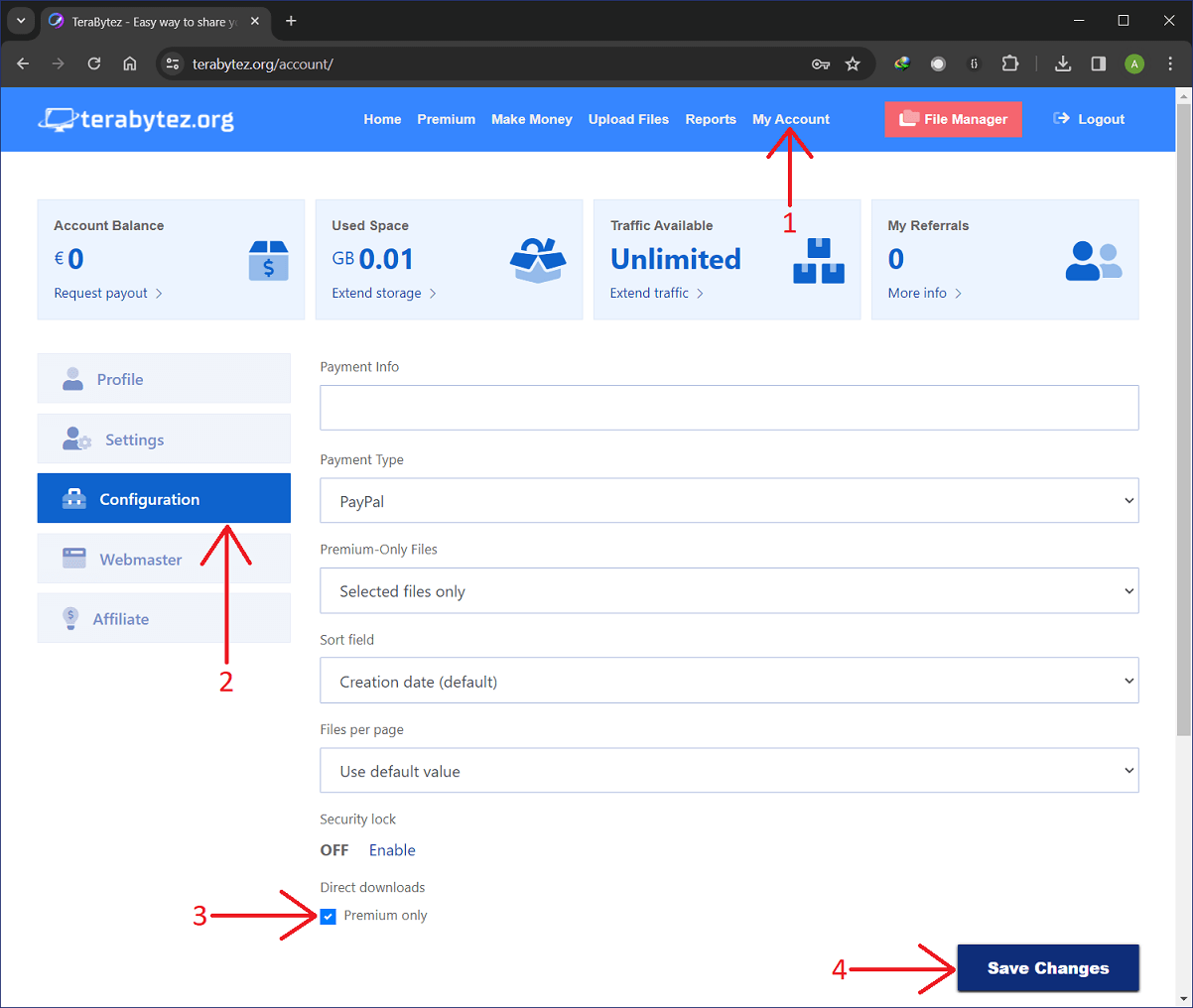 Enable 'Direct download' option in Terabytez account settings